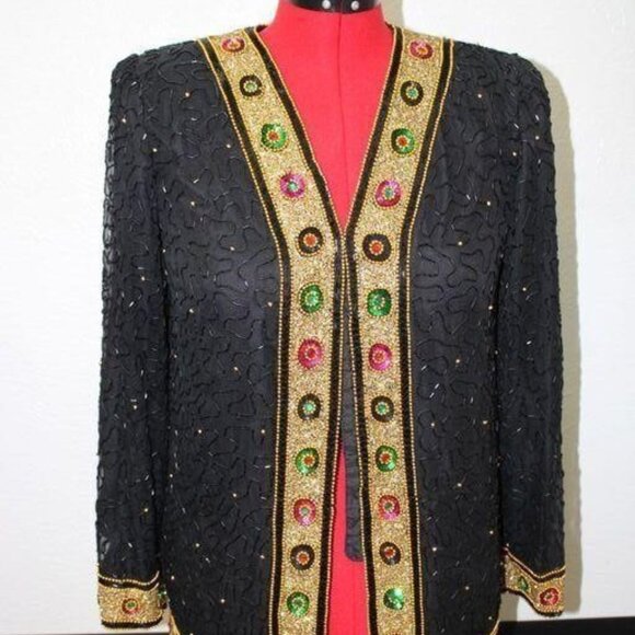 Laurence Kazar Vintage Evening 100% Silk Italian Hand Beaded Jacket Medium